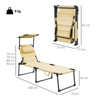 Outsunny Tumbona de Jardín con Toldo Ajustable Respaldo Regulable en 4 Niveles Reposacabezas para Terraza 70x200x45 cm Crema(m-3)
