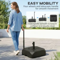 Outsunny Garden Parasol Base with Wheels, Telescopic Handle, 72 kg /45 kg Fillable Sun Umbrella Base Parasol Stand, Black(m-4)