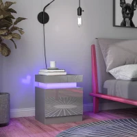 HOMCOM Grey Bedside Table with LED Light, High Gloss Front Nightstand with 2 Drawers, for Living Room, Bedroom(m-8)