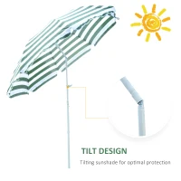 Outsunny 1.8m Beach Parasol Umbrella with Tilt Canopy, Lightweight Patio Garden Sunshade with 8 Ribs, Green & White Stripe(m-5)