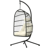 Outsunny Hanging Egg Chair, Indoor Outdoor Hammock Swing Chair with Stand, Safety Strap, Foldable Basket, Black/Cream White(m-11)