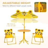 Outsunny Kids 4-Piece Garden Set Tiger Design - Round Table + 2 Folding Chairs + Parasol - Epoxy Metal Oxford Yellow(m-5)