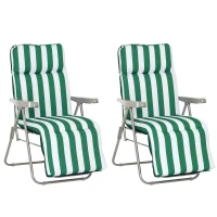 Outsunny 2 Pieces Garden Patio Furniture Set of 2, Outdoor Foldable Sun Recliners Loungers with Multi Position Relaxers Chairs and Cushions (Green White)(m-10)