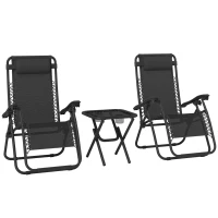 Outsunny 3pcs Folding Zero Gravity Chairs Sun Lounger Table Set w/ Cup Holders Reclining Garden Yard Pool, Black(m-1)