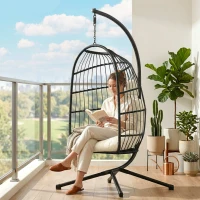 Outsunny Hanging Egg Chair, Indoor Outdoor Hammock Swing Chair with Stand, Safety Strap, Foldable Basket, Black/Cream White(m-9)