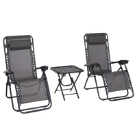 Outsunny 3pcs Folding Zero Gravity Chairs Sun Lounger Table Set w/ Cup Holders Reclining Garden Yard Pool, Dark Grey(m-10)