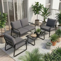 Outsunny Salon de Jardin 4 Pièces avec Coussins Déhoussables Très Épais 10cm Table Basse en Verre Trempé Noir(m-8)