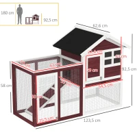 PawHut Clapier cage à lapins multi-équipé : niche supérieure avec rampe, plateau excrément, fenêtre + enclos  extérieur sécurisé 2 portes 123,5L x 62,6l x 92,5H cm rouge brique(m-3)