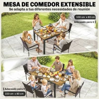 Outsunny Conjunto de Mesa y Sillas Jardín de Ratán 7 Piezas con Mesa Extensible con Tablero Madera y 6 Sillas Apilables Cojines(m-5)