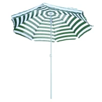 Outsunny 1.8m Beach Parasol Umbrella with Tilt Canopy, Lightweight Patio Garden Sunshade with 8 Ribs, Green & White Stripe(m-11)