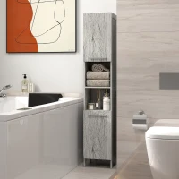 HOMCOM Meuble Colonne Rangement Salle de Bain dim. 30L x 32l x 172H cm 2 placards avec étagère + 2 niches MDF Imitation Bois Gris(m-10)