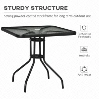 Outsunny Square Patio Table - Tempered Glass Top Bistro Table, Garden Dining Table, Outdoor Accent Coffee Table, 76 x 76cm, Steel Frame with Umbrella Hole(m-6)