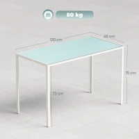 HOMCOM Table à manger pour 4 personnes, table de cuisine avec plateau en verre trempé et pieds en métal, 120x60x75cm, blanc(m-3)