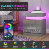 HOMCOM Grey Bedside Table with LED Light, High Gloss Front Nightstand with 2 Drawers, for Living Room, Bedroom(m-4)