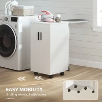 HOMCOM Mobilier pentru Masa de Călcat Pliabil cu Roți, Raft Reglabil și Închidere Soft Close, din Lemn și Material Textil, 128x43x83 cm, Alb(m-7)