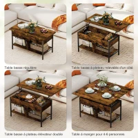 HOMCOM Table basse relevable et extensible, table de salon avec compartiment caché étagères ouvertes, 98x49x55cm, brun rustique(m-4)