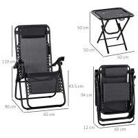 Outsunny Folding Zero Gravity Chairs, 3 Pieces Adjustable Sun Lounger and Table Set with Cup Holder and Headrest, Patio Bistro Set with Reclining Garden Chairs for Outdoor, Black(m-3)
