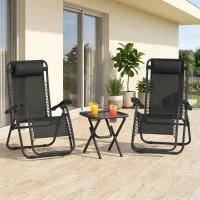 Outsunny 3pcs Folding Zero Gravity Chairs Sun Lounger Table Set w/ Cup Holders Reclining Garden Yard Pool, Black(m-2)