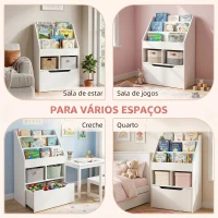 HOMCOM Estante de Madeira para Brinquedos com 3 Compartimentos 2 Cubos e Gaveta Móvel com 4 Rodas Estante para Livros Infantil para Dormitório Infantil Sala de Jogos 60x29,9x90cm Branco(m-9)