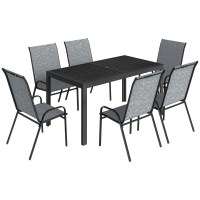 Outsunny Conjunto de Mesa y Sillas Jardín con Mesa Metálica con Agujero y 6 Sillas Apilables Transpirables para Terraza Gris