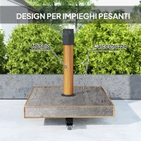 Outsunny Base per Ombrellone a Rotelle con Freni, Basamento per Ombrellone in Metallo con Cemento, per Pali di Ombrelloni da Ø36/38/48 mm, Effetto Legno Naturale(m-5)