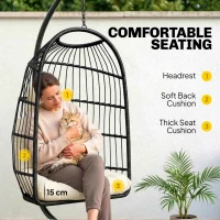 Outsunny Hanging Egg Chair, Indoor Outdoor Hammock Swing Chair with Stand, Safety Strap, Foldable Basket, Black/Cream White(m-6)