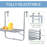 Outsunny Składany stół balkonowy, 4-stopniowo regulowany, metalowy, odporny na warunki atmosferyczne, stół balkonowy 60x40 cm szary(m-4)