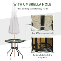 Outsunny 80 cm Round Dining Table with Parasol Hole, Outdoor Coffee End Side Table with Tempered Glass Top, Steel Frame for Garden, Black(m-4)