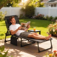 Outsunny Chaise longue pliable bain de soleil transat de relaxation dossier inclinable 5 niveaux têtière amovible pochette latérale intégrée revêtement textilène acier dim. 189x58x30cm noir(m-10)