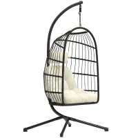 Outsunny Hanging Egg Chair, Indoor Outdoor Hammock Swing Chair with Stand, Safety Strap, Foldable Basket, Black/Cream White(m-1)