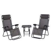 Outsunny 3pcs Folding Zero Gravity Chairs Sun Lounger Table Set w/ Cup Holders Reclining Garden Yard Pool, Dark Grey(m-11)