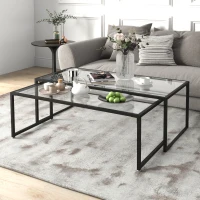 HOMCOM Lot de 2 tables basses gigognes tables de salon rectangulaires design en acier noir et plateaux en verre trempé(m-10)