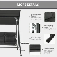 Outsunny Hollywoodschommel, 3-Zits Tuinschommel met Verstelbaar Zonnedak, 278 x 125 x 177 cm, Zwart(m-6)