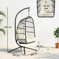 Outsunny Hanging Egg Chair, Indoor Outdoor Hammock Swing Chair with Stand, Safety Strap, Foldable Basket, Black/Cream White(m-3)