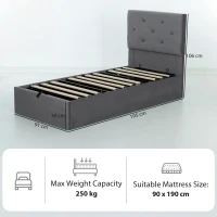 HOMCOM Single Bed Frame Gas End Lift Under Bed Storage Upholstered Platform Bed Tufted Headboard for 90 x 190 cm Mattress(m-3)