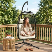 Outsunny Hanging Egg Chair, Indoor Outdoor Hammock Swing Chair with Stand, Safety Strap, Foldable Basket, Black/Cream White(m-8)