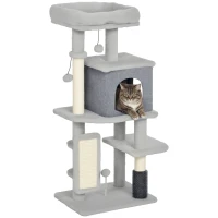 PawHut Albero per Gatti Multilivello Alto 104 cm con Casetta, Lettino, Pali Tiragraffi, Spazzola e Pallina, Grigio(m-11)