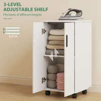 HOMCOM Mobilier pentru Masa de Călcat Pliabil cu Roți, Raft Reglabil și Închidere Soft Close, din Lemn și Material Textil, 128x43x83 cm, Alb(m-6)