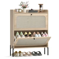 HOMCOM Shoe Cabinet with 2 Flip Drawers, Boho Narrow Shoe Storage Cabinet, Oak(m-10)