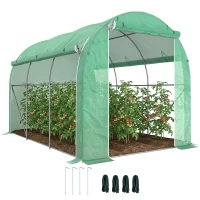 Outsunny Serre tunnel de jardin 6 m² 3 x 2 m avec 1 porte + 2 parois latérales zippées enroulables, 6 fenêtres, vert(m-11)