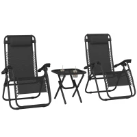 Outsunny 3pcs Folding Zero Gravity Chairs Sun Lounger Table Set w/ Cup Holders Reclining Garden Yard Pool, Black(m-10)