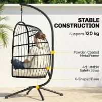 Outsunny Hanging Egg Chair, Indoor Outdoor Hammock Swing Chair with Stand, Safety Strap, Foldable Basket, Black/Cream White(m-4)