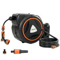 Outsunny Rolea retractabilă pentru furtun 23+2 m cu 12 moduri de stropire, blocare automată, retragere controlată, suport portocaliu(m-7)