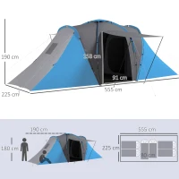 Outsunny Tunnelzelt, 2000mm Wasserabweisend Campingzelt für 4-6 Personen, mit 2 Schlafzimmern Wohnbereich Tragetasche Grau+Blau(m-3)