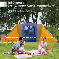 Outsunny Tunnelzelt, 2000mm Wasserabweisend Campingzelt für 4-6 Personen, mit 2 Schlafzimmern Wohnbereich Tragetasche Grau+Orange(m-4)