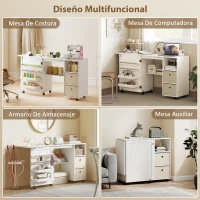 HOMCOM Mesa de Costura Plegable con 6 Ruedas 18 Clavijas 2 Cajones y 3 Compartimentos Blanco(m-6)
