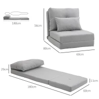 HOMCOM Sofá Cama Individual Plegable Sofá Cama Tapizado en Lino con Respaldo Ajustable 5 Posiciones 1 Almohada Gris Claro(m-3)