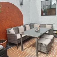 Outsunny 6-Seater Rattan Dining Set Sofa Table Footstool Outdoor w/ Cushion Garden Furniture(m-8)