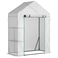 Outsunny Invernadero de Exterior Invernadero Pequeño con 2 Estantes Puerta Enrollable con Cremallera Marco de Acero y Cubierta de PE 140g/㎡ para Cultivos Plantas Flores 143x73x195 cm Blanco(m-1)
