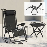 Outsunny 3pcs Folding Zero Gravity Chairs Sun Lounger Table Set w/ Cup Holders Reclining Garden Yard Pool, Black(m-3)